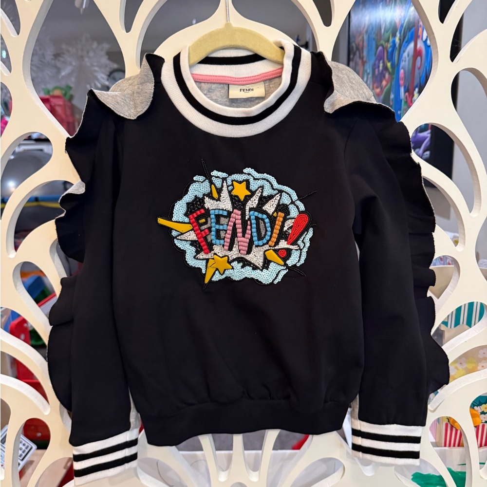 Fendi Black Kids Ruffle Sweatshirt with Colorful Logo Patch